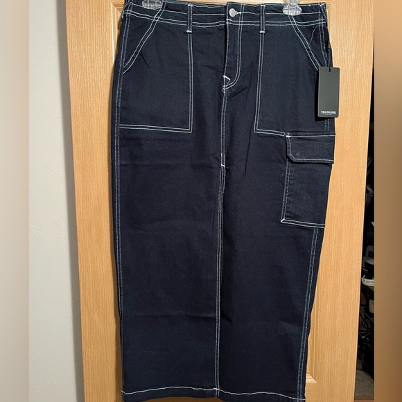 True Religion Denim Cargo Midi Skirt NWT Y2K Cotton Streetwear Dark Wash - Picture 3 of 16